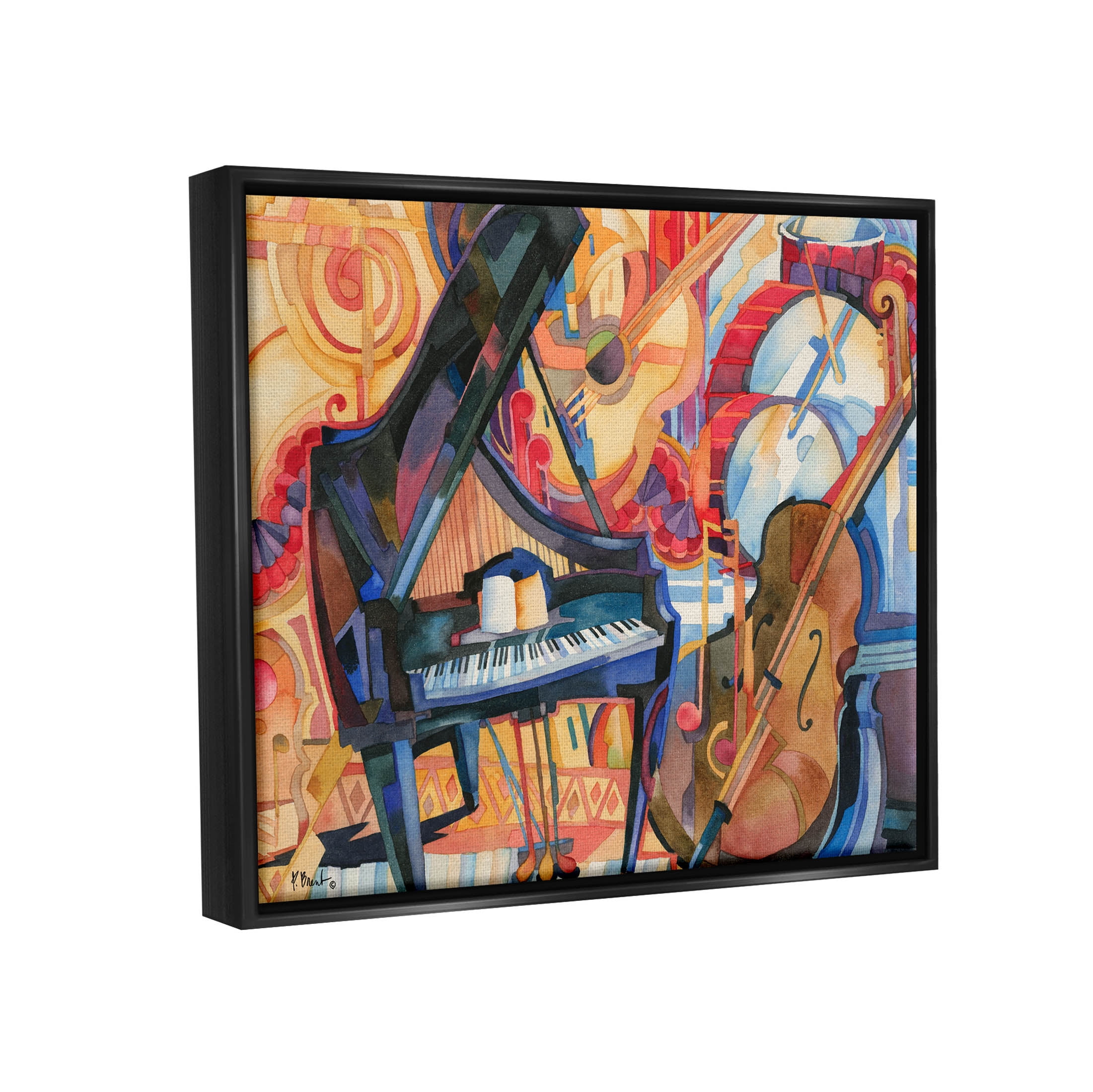 Stupell Industries Big City Music Piano Cubism Painting Jet Black Floating Framed Canvas Print Wall Art, Design by Paul Brent