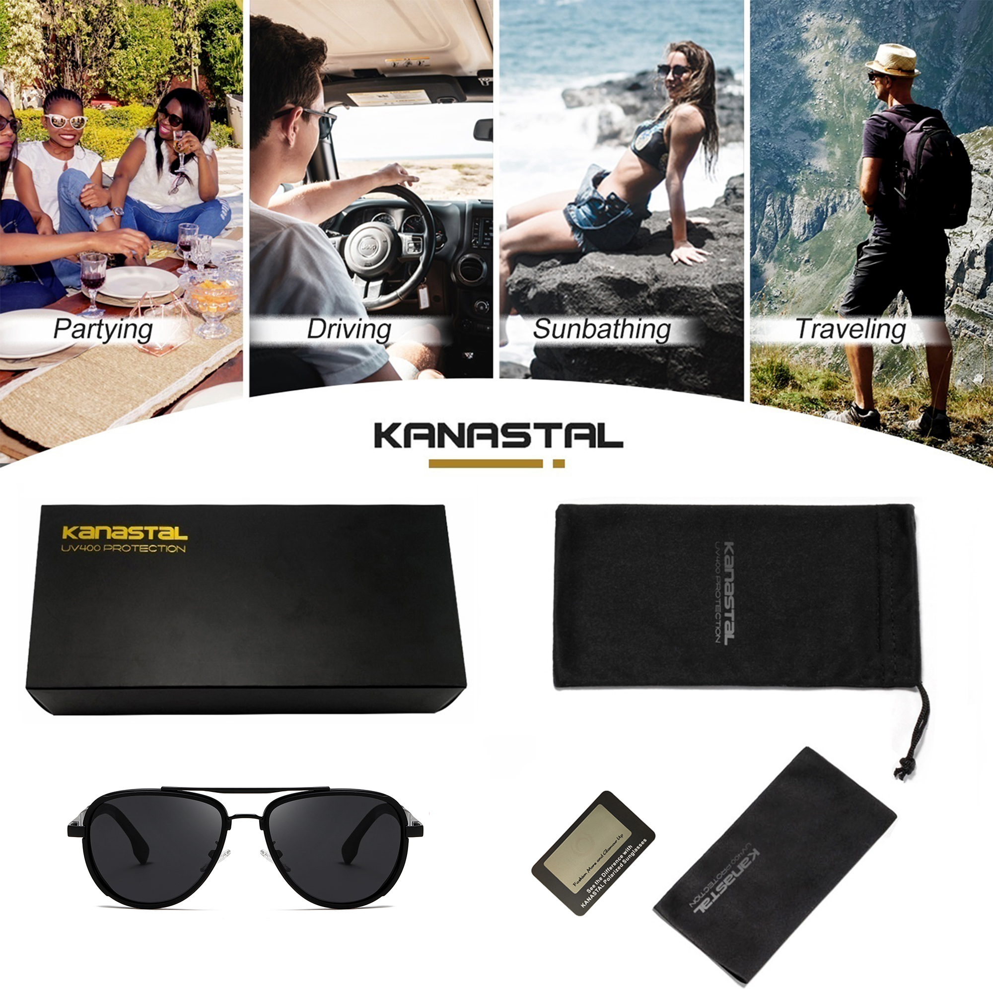 Kanastal Polarized Double Bridge Aviator Sunglasses, Black photo 2
