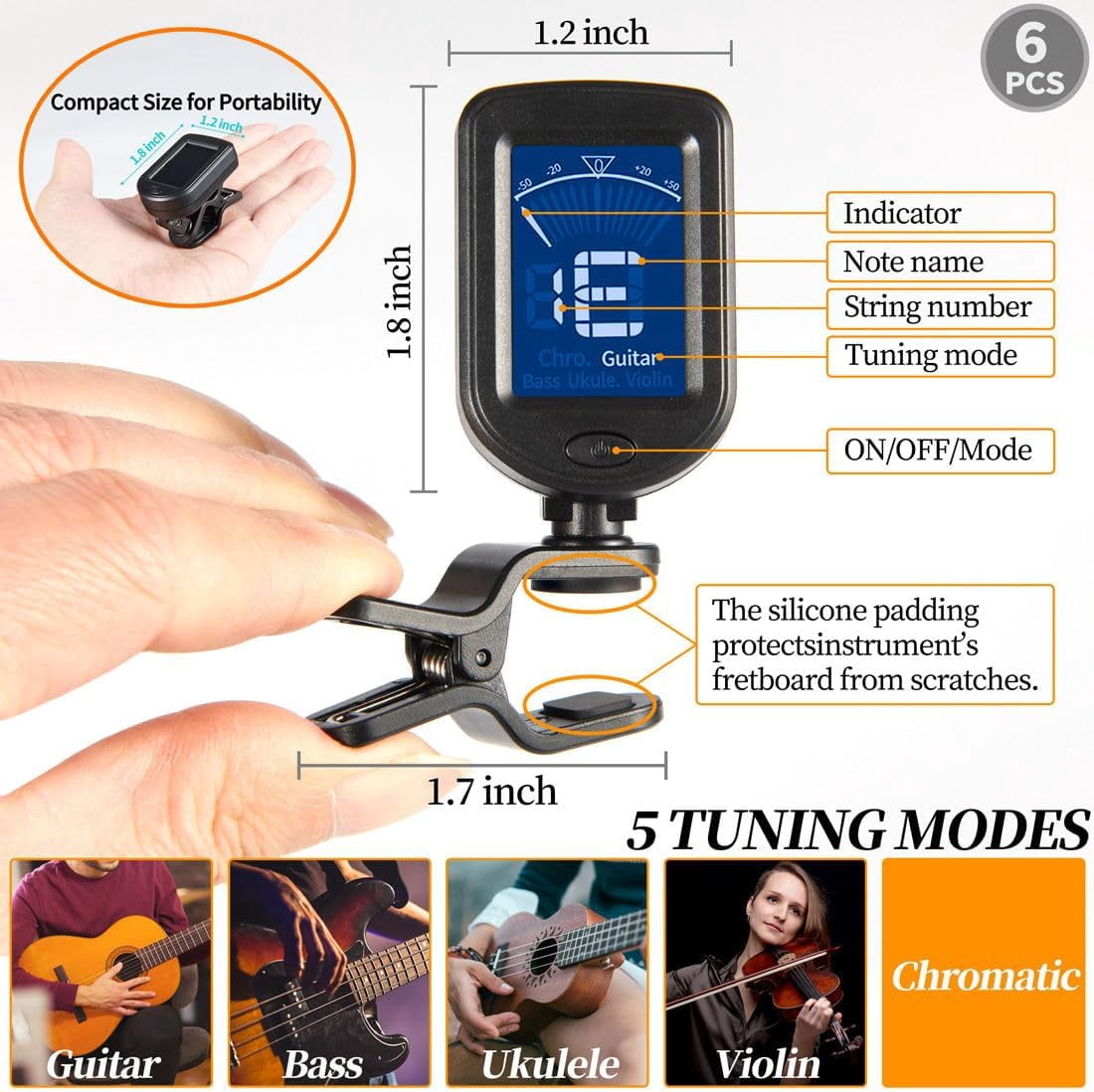 Guitar Tuner Clip On 6 Pack Chromatic Acoustic Guitar Tuner Ukulele Violin Bass Tuner (6 Pack)