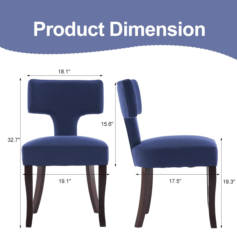 ENYLAY Mid Century Modern Wooden Dining Chairs Set of 2 , Linen Upholstered Armless Wooden Chairs with Curved Backrest for Farmhouse Kitchen/Dining Room (Blue)
