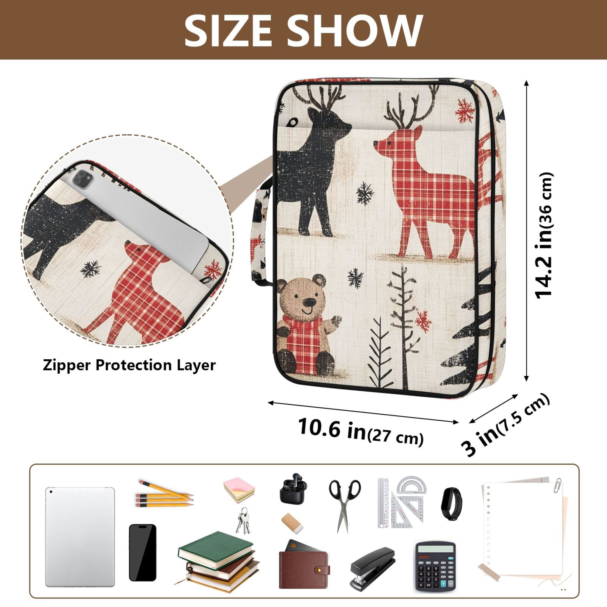 FORMRS Accordion File Folder A4 Size 7-Pocket Expanding Document Organizer Bag with 3 Ring Binder, Retro Christmas Forest