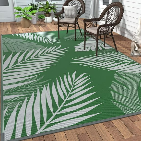 Outdoor Rug 6' x 9' Waterproof for Patios Clearance, Reversible Plastic Straw Camping Carpet, Large Area Rugs Mats for RV, Picnic, Backyard, Deck, Balcony, Porch, Beach, Green&Grey