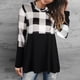 thumbnail image 2 of Top de cuello alto para mujer con dobladillo suelto camisa de manga larga con cuello redondo decoración de costuras a cuadros negro S, 2 of 6