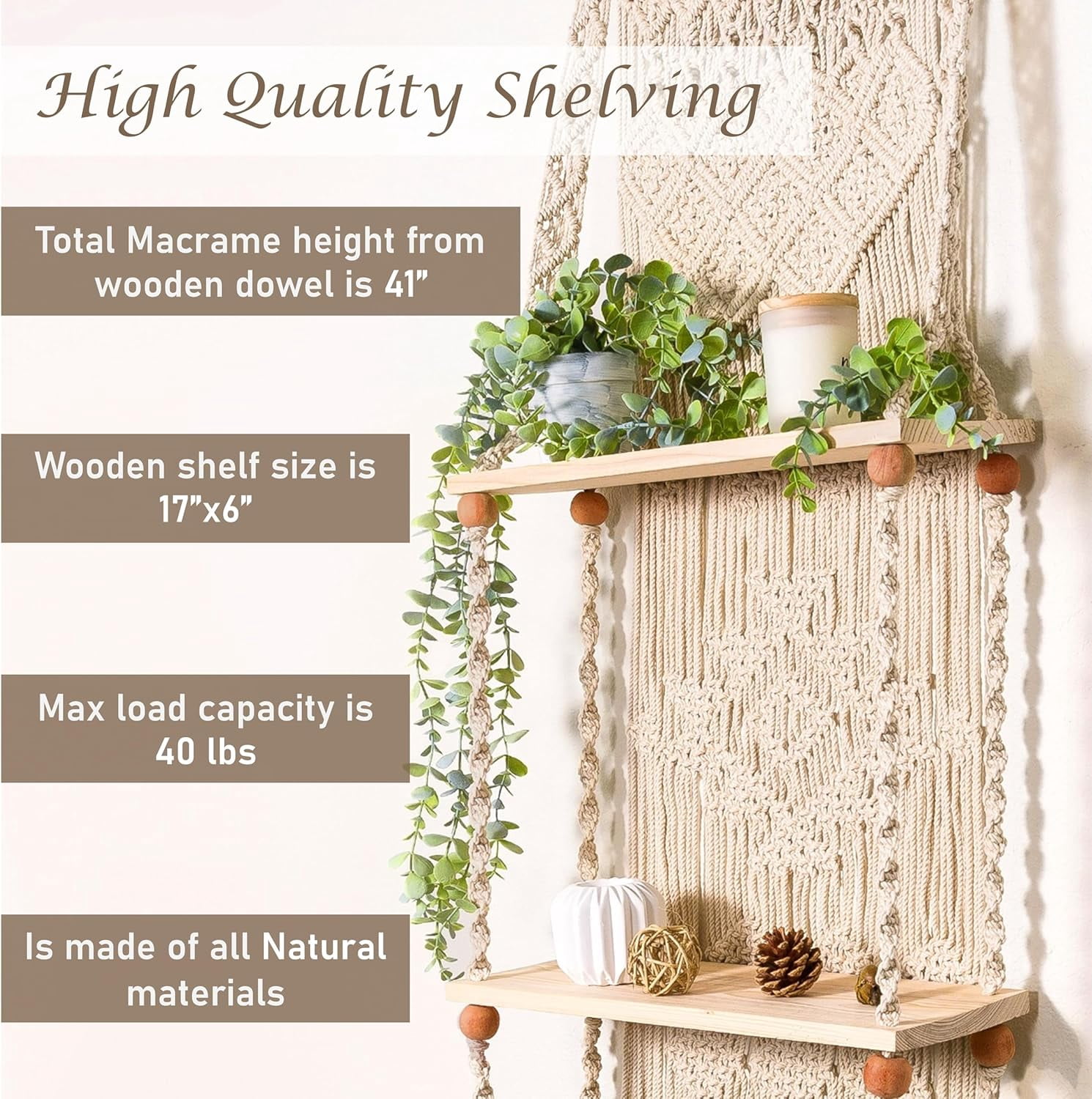 Macrame Wall Hanging Shelf 2 Tier Boho Wall Plant Hanger Shelves, Handmade of Woven Rope Boho Shelves Organizer for Living Room Bathroom Home Storage Floating Plant Rack Bohemian décor