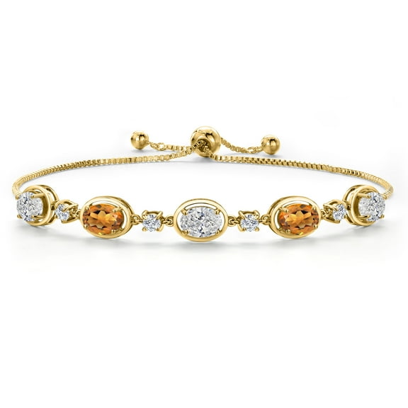 Gem Stone King 18K Yellow Gold Plated Silver White Lab Grown Diamond and Orange Red Madeira Citrine Bracelet for Women | 3.50 Cttw | Gemstone April Birthstone | Oval 7X5MM | Fully Adjustable 9 inch