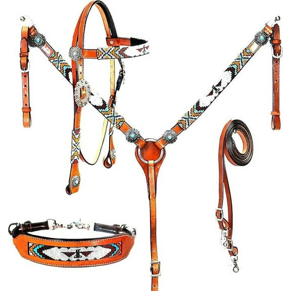 MARTIN ENTERPRISES Western Premium Leather Equestrian Trail Hand Carved Tooled Beaded Headstall, Breast Collar, Reins & Wither Straps Size Full