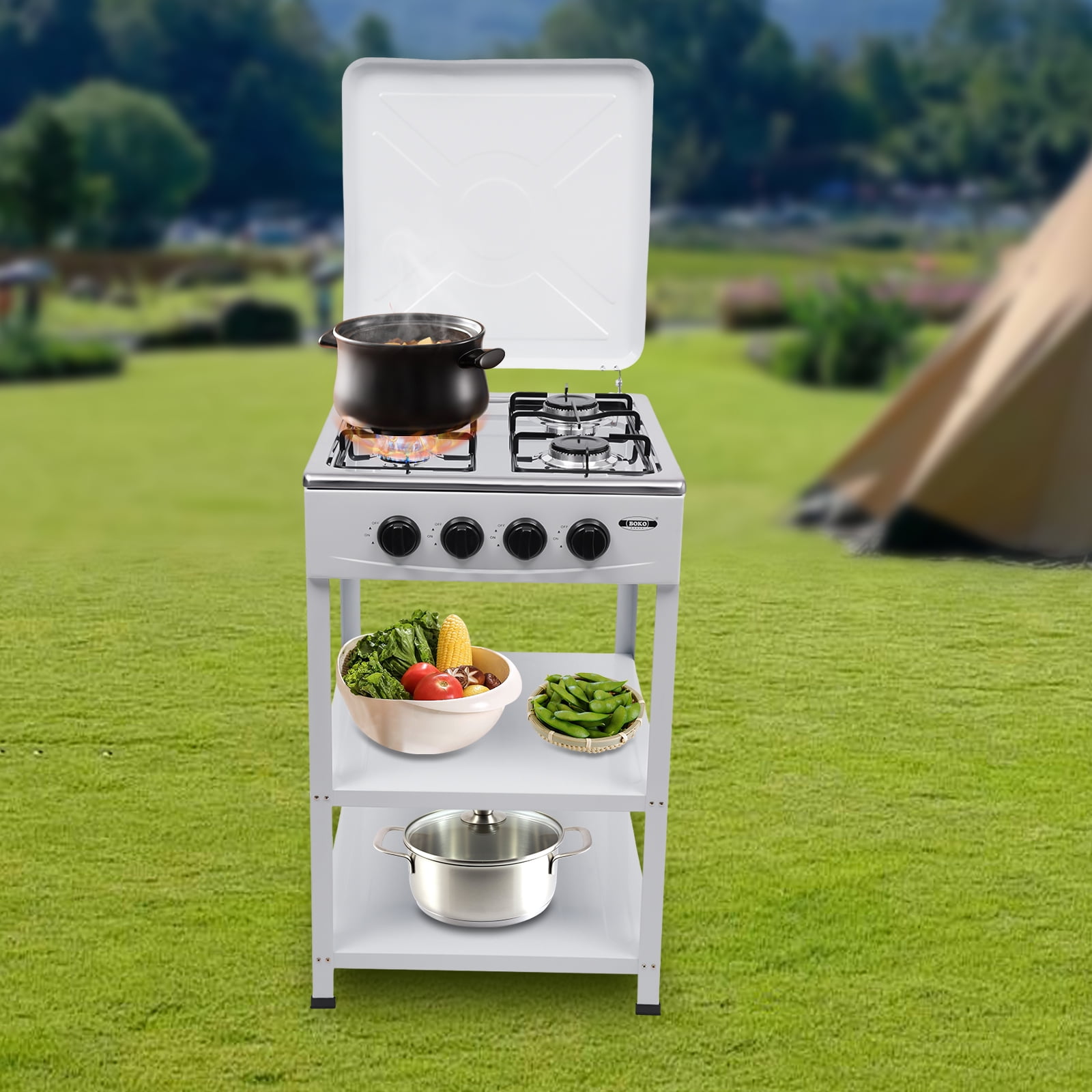 4 Burner Propane Gas LNG Fuel Camping Stove Stainless Steel Outdoor Cooker with 2 Storage Shelves White