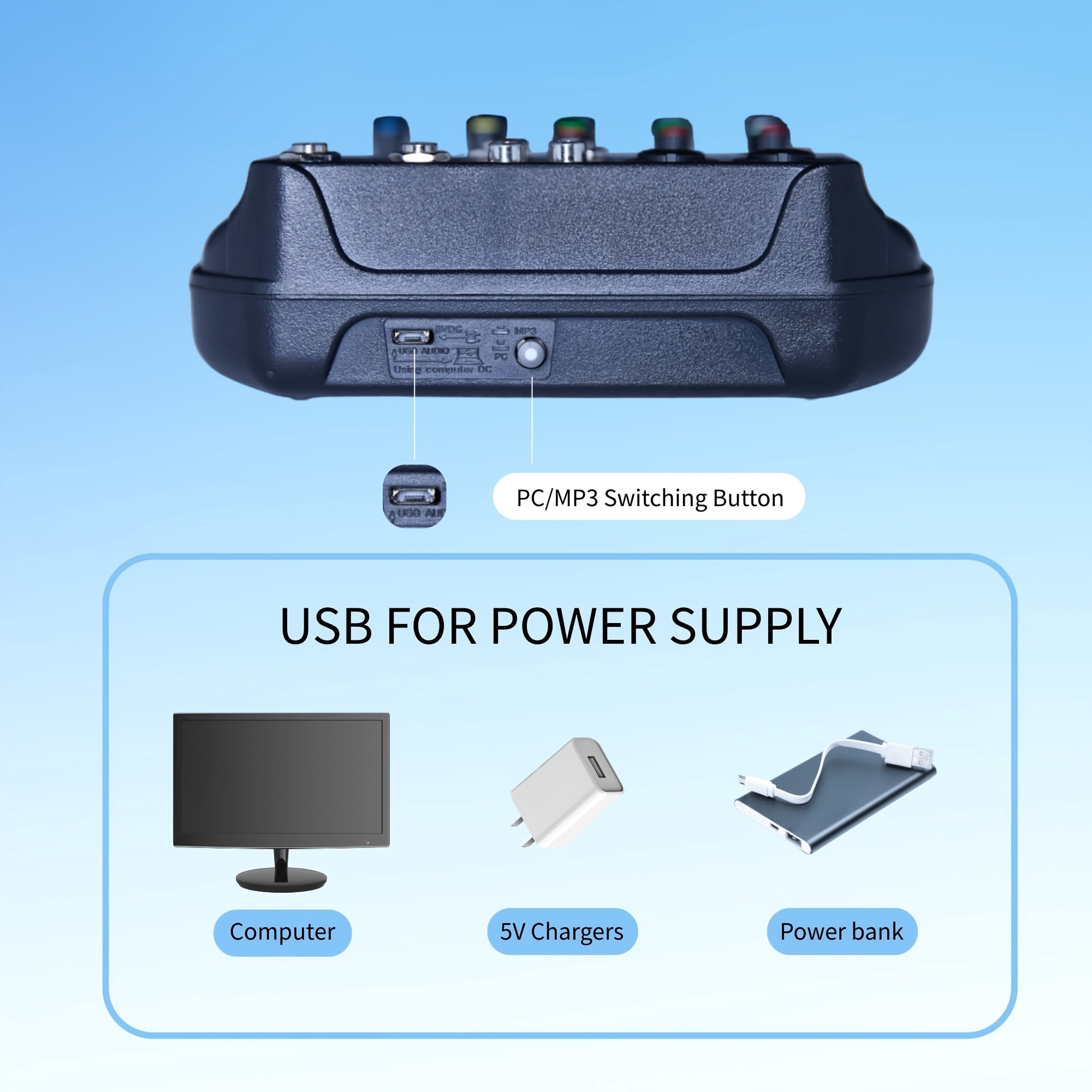 Professional 4 Channel Mini DJ Audio Mixer, Portable Channel Mixer with Multiple Interfaces, Compatible with Pcs, Suitable for Recording, Live Streaming, Easter Parties