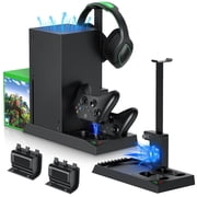 Charging Stand with Cooling Fan for Xbox Series X Console & Controller,Dual Charger Station Cooler System Accessories with 2 x 1400mAh Rechargeable Battery,Headphone stand,Black