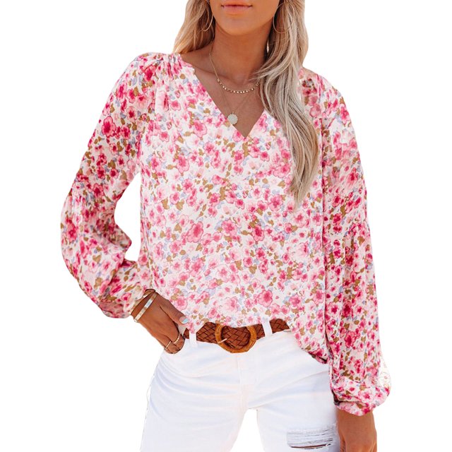 Sunloudy, camiseta de gasa de manga larga para mujer, estampado Floral, jerséis casuales elegantes con cuello en V, Tops de oficina, ropa de calle Sunloudy moda