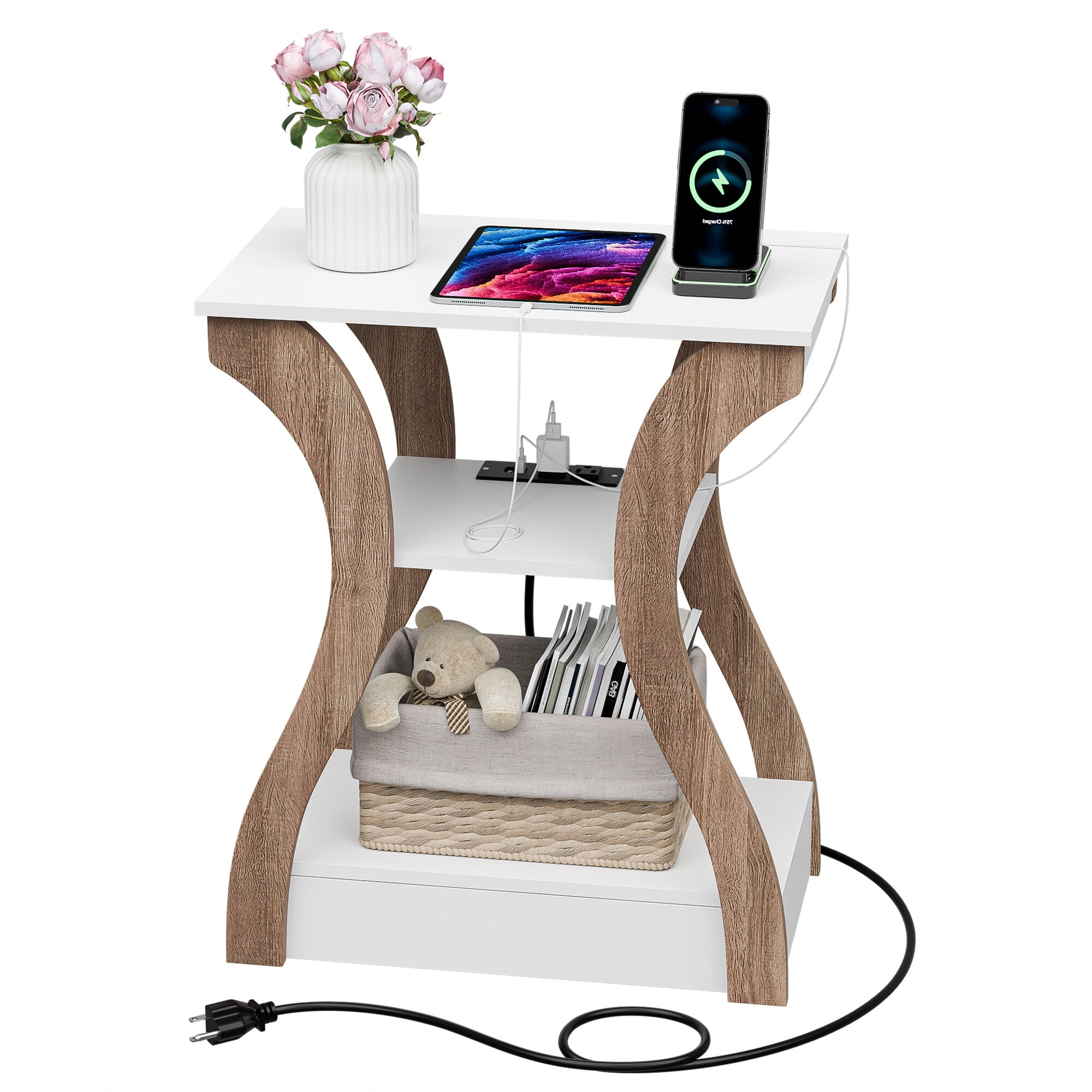 HomGarden Set of 2 Arc End Table W/Charging Station, 3 Tier Arc Sofa Side Table W/USB Ports & Storage Shelf for Living Room, Bedroom, White