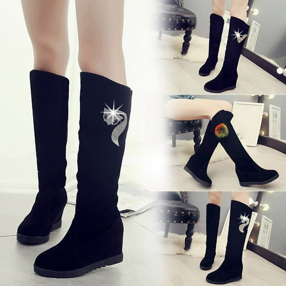 Tejiojio Fall Women On The Knee Elastic Boots Boots Shoes Funny Middle Tube Wedge Shoes Boots