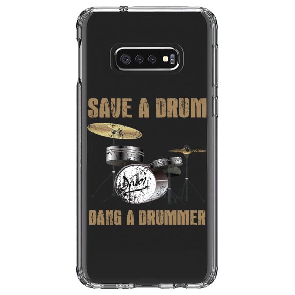 DistinctInk Clear Shockproof Hybrid Case for Samsung Galaxy S10e (5.8" Screen) - TPU Bumper Acrylic Back Tempered Glass Screen Protector - Save a Drum, Bang a Drummer