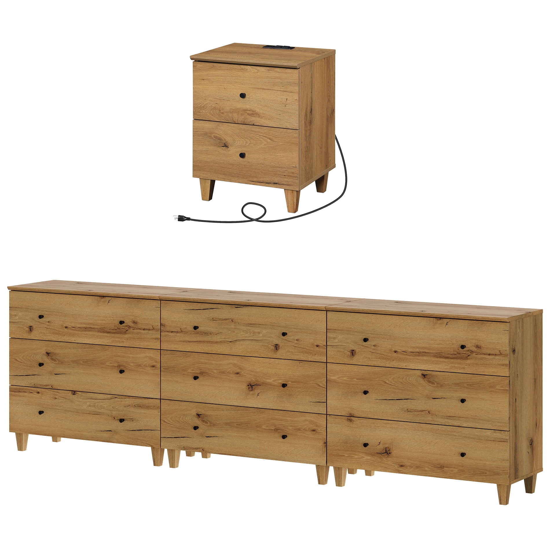 WAMPAT Dresser and Nightstand Set of 4, Wood Dressers with 9 Drawers, Nightstand with Charging Stations for Living Room, Dark Brown Wood