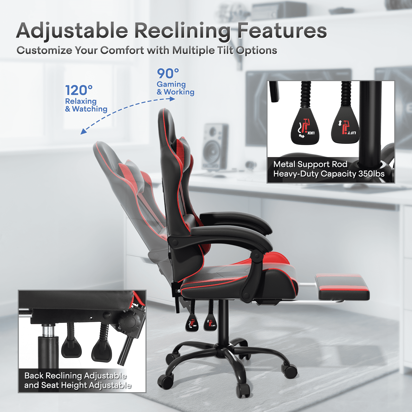 OSM Gaming Chair with Footrest & Headrest, High-Back Ergonomic Computer Desk Chair - Adjustable Lumbar Support, Reclining Office Chair for Adults, 350lbs, Red