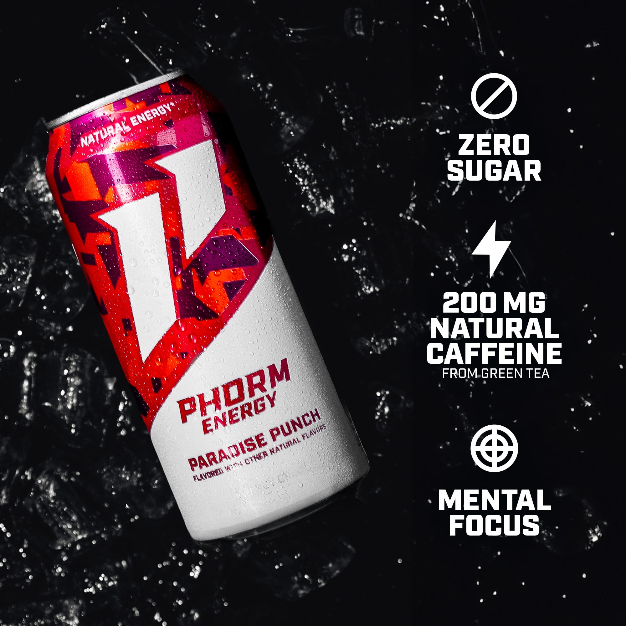 Phorm Sugar Free Energy Drink, Paradise Punch Flavor, 16 fl oz Cans, 12 Pack, 200 MG Natural Caffeine