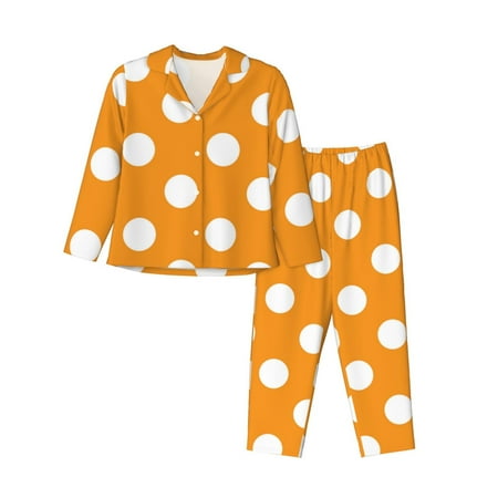 JUNZAN Orange And White Polka Dot Print Womens Pajama Sets Long Sleeve Button Down for Women Pjs 2 piece-Medium