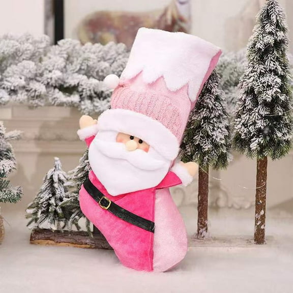 Luoshdecor 21.6in Large Pink Stocking,Cute Santa Snowman Knit Embroidered Plush Stockings Soft Cuff for Fireplace or Party Decoration