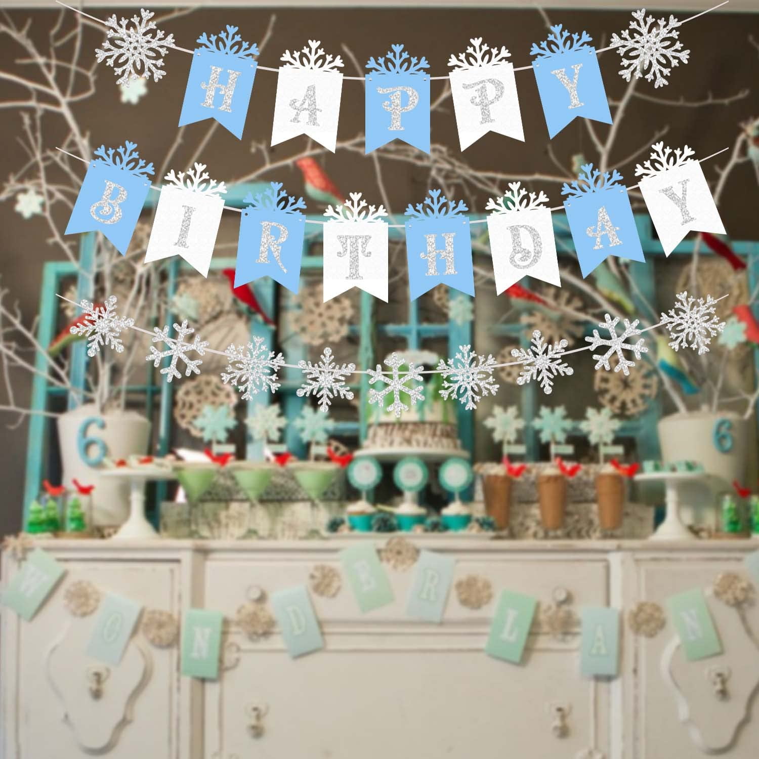 Frozen Themed Happy Birthday Banner – Blue & Silver Snowflake Garland For Winter & Christmas Parties