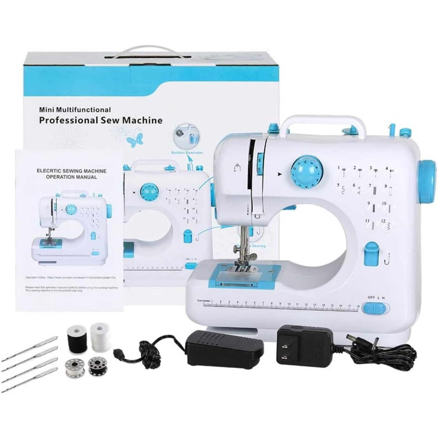 Mini Sewing Machine, Portable Multi-Purpose Crafting Mending Machine Household 12 Built-in Stitches & Double Thread for Beginners Blue