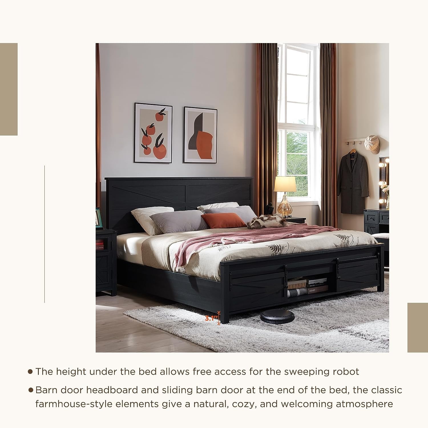 T4TREAM Farmhouse Black Queen Size Platform Bed Frame with Headboard and 3 Barn Door Storage Cabinets, No Box Spring Needed, Mattress Not Included