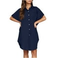 thumbnail image 4 of Quinlirra Women's Summer Button Up Shirt Skirt Dresses With A Collar Made Of Cotton And Linen Mini Dress Shirt Dress Navy S, 4 of 6
