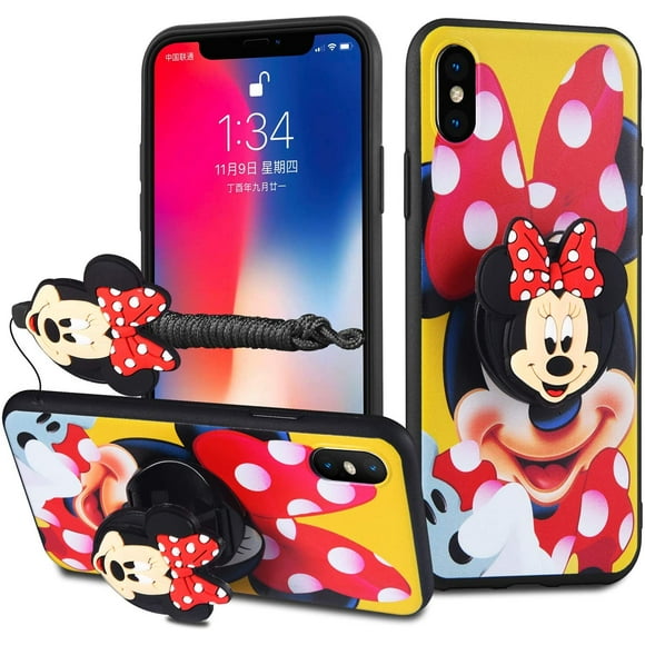iPhone 7 Plus Case, iPhone 8 Plus Case - Minnie Mickey Mouse Cartoon Case Soft Silicone TPU Shockproof Case with Phone Holder Stand and Detachable Long Lanyard for Girls Boys (Yellow)