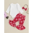 thumbnail image 4 of Bslissey 3M 6M 12M 18M Baby Girl Valentine's Day Clothes Long Sleeve Letter Print Romper + Heart Print Flare Pants + Headband 3Pcs Outfits Newborn Infant Cute Pants Set, 4 of 9