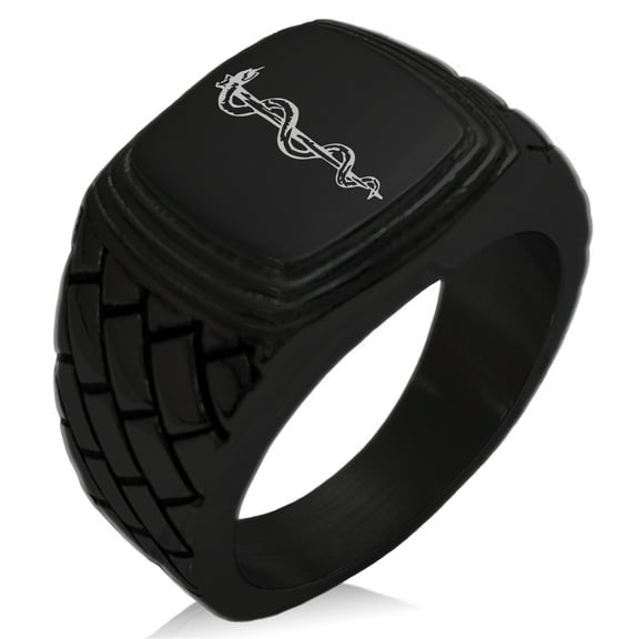 Stainless Steel Rod of Asclepius Geometric Pattern Step-Down Biker Style Polished Ring