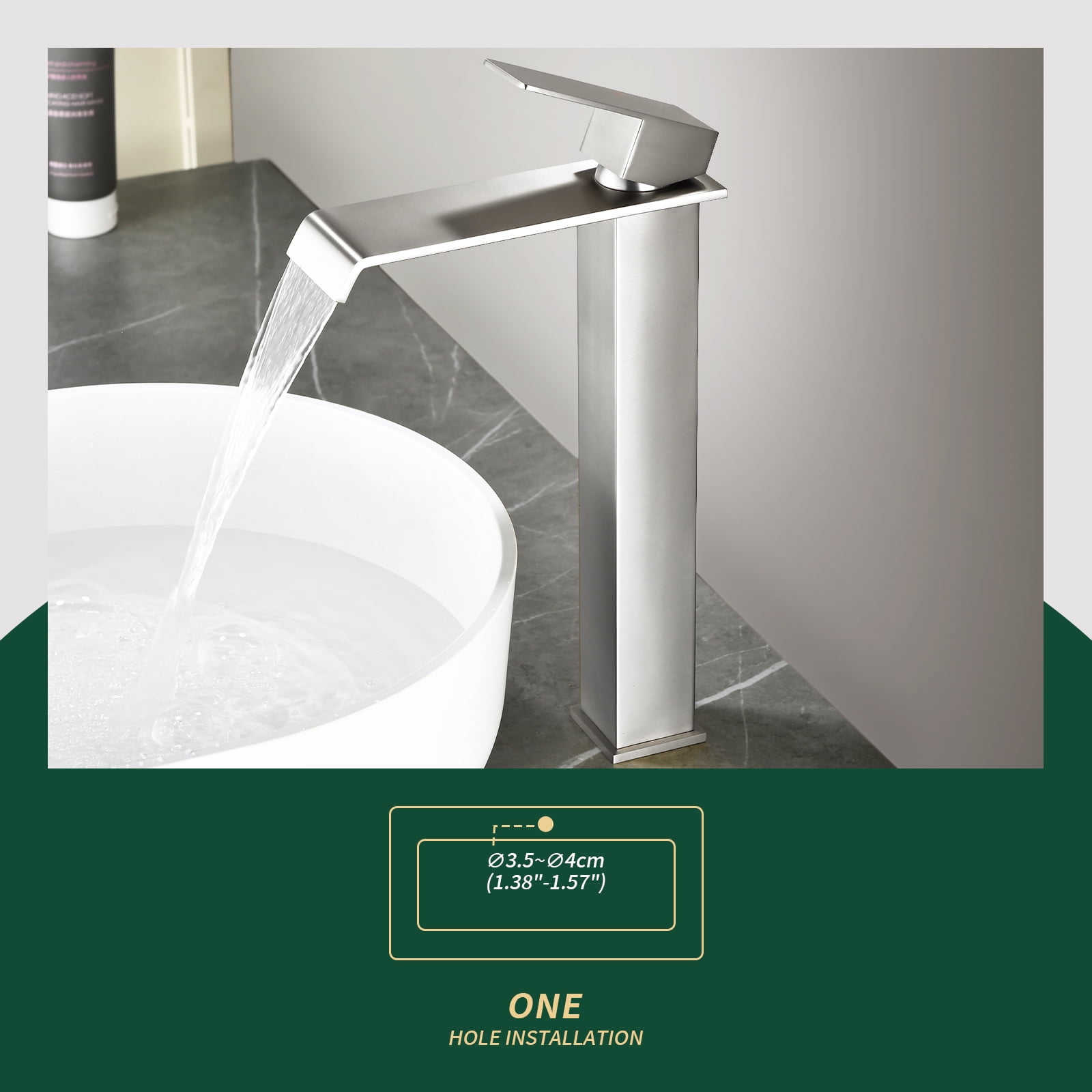 Cobbe Bathroom Vessel Sink Faucet Single-Handle with Waterfall Spout and Pop-Up Drain Single-Hole Installation Brushed Nickel