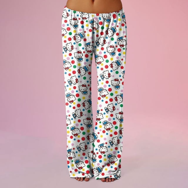 Hello Kitty Pj Pants Women Flannel Pajamas Women Anime Hello Cat Flannel Sleep Pants Cartoon Pajamas Pants for Women Print Flannel Pajamas Pants Cute Fuzzy Pajamas Pants