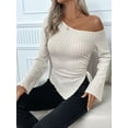 thumbnail image 5 of Women'S Y2K One Off the Shoulder Fitted Knit Top Asymmetrical Bell Long Sleeve Top Apricot M, 5 of 9