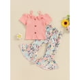 thumbnail image 2 of FEORJGP Kid Girls Pants Set 1Y 2Y 3Y 4Y 5Y Toddler Short Sleeve T-shirt Bow Off-shoulder Camisole Shirt Button Decor Tops with Flower Print Flare Pants Little Girl Cute Fashion Summer Outfit, 2 of 9