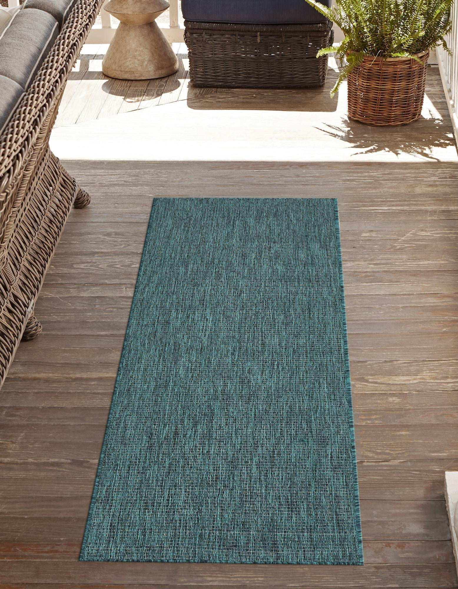 Outdoor Solid Collection Rug 6 Ft Runner Teal Flatweave Rug