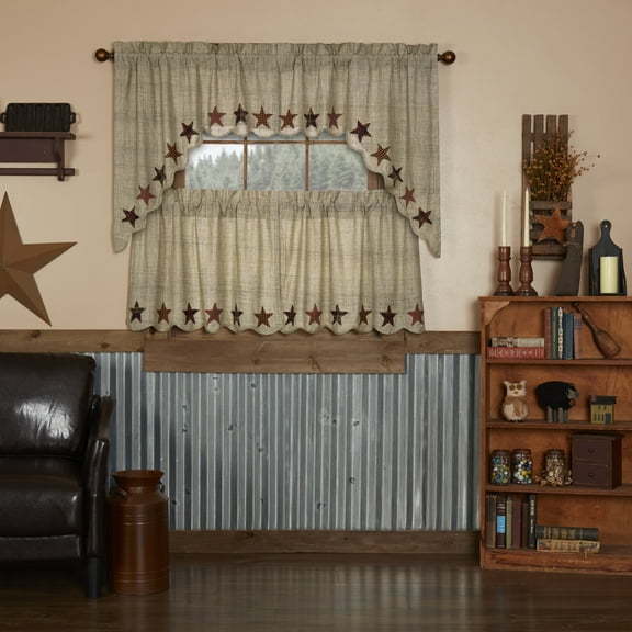 VHC Brands Abilene Star 4 PC Tan Curtain Set (2 Swag 36x16 and 2 Tier 24x36)