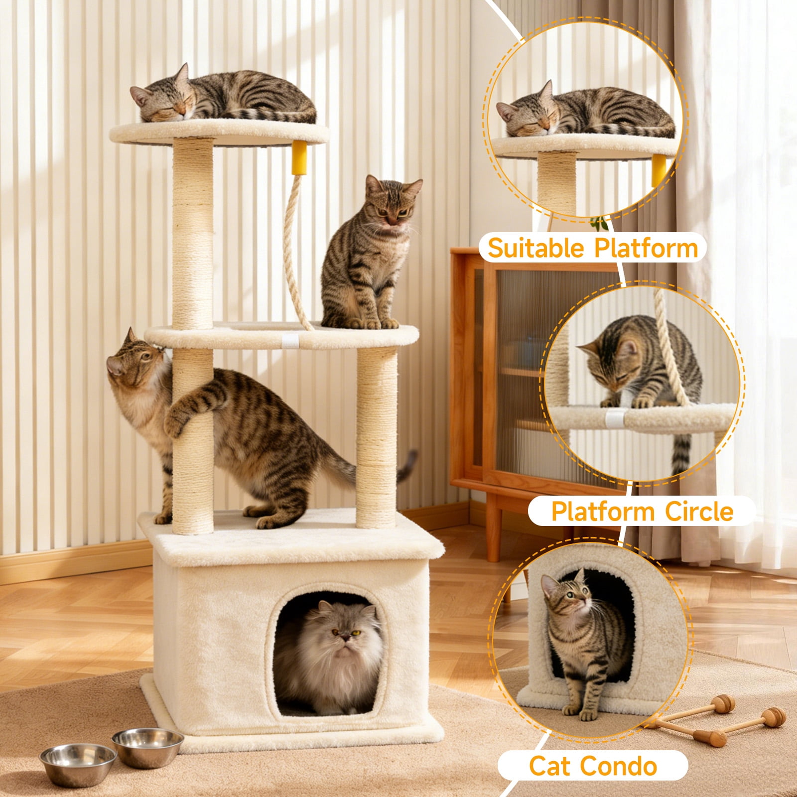 Cat Tree with Condo and Sisal Post, Multi-Level Cat Tower with Top Perchs, Cratching Post for Indoor Cats, Beige
