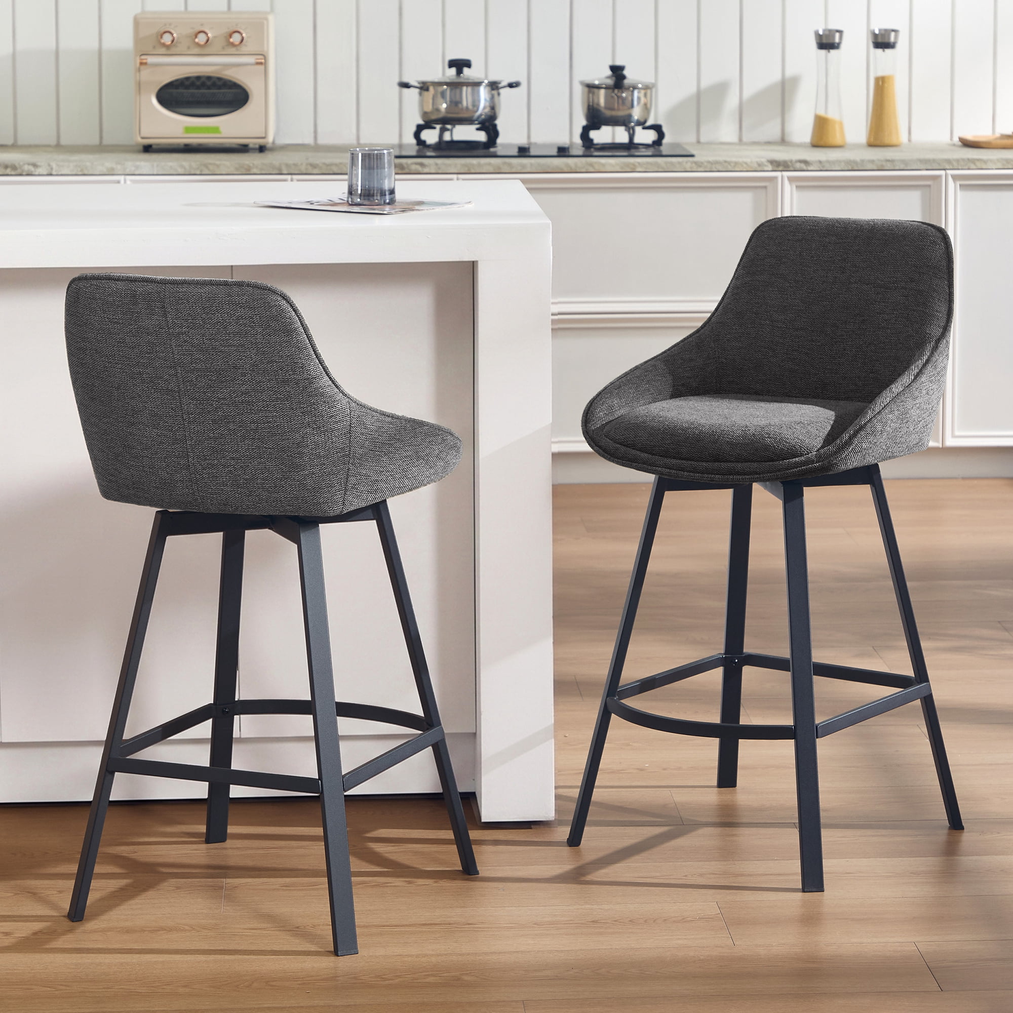 Zesthouse 25.6" Swivel Counter Height Bar Stools Set of 2, Modern Counter Height Chairs with Backs and Metal Legs, Upholstered Linen Barstools for Kitchen Island, Dark Gray