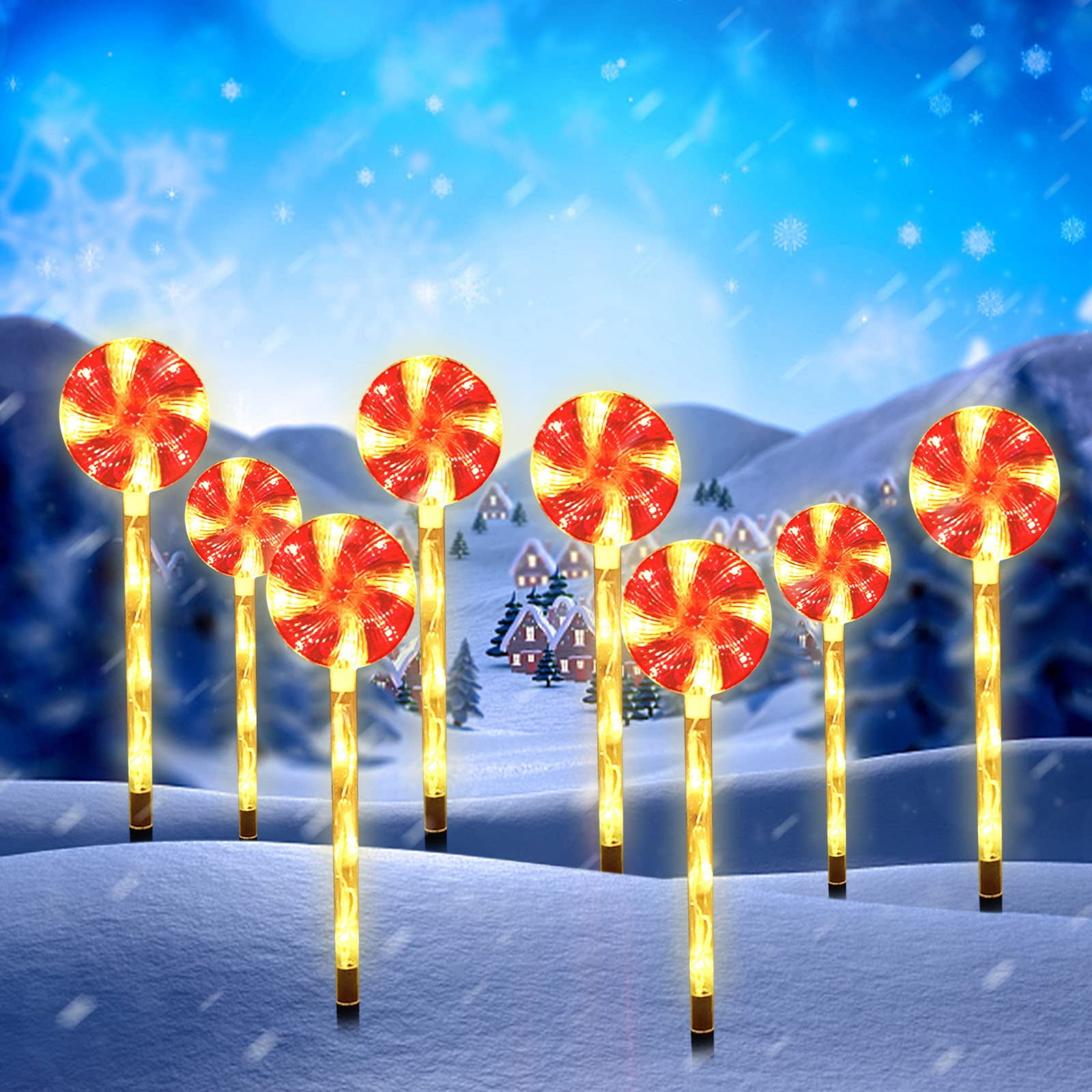 ADruer 8 Pack Christmas Lights Outdoor, 44 LED Lollipop Peppermint Lights Christmas Stakes, Candy Cane Christmas Decorations with Warm White Light for Xmas Holiday Patio Yard