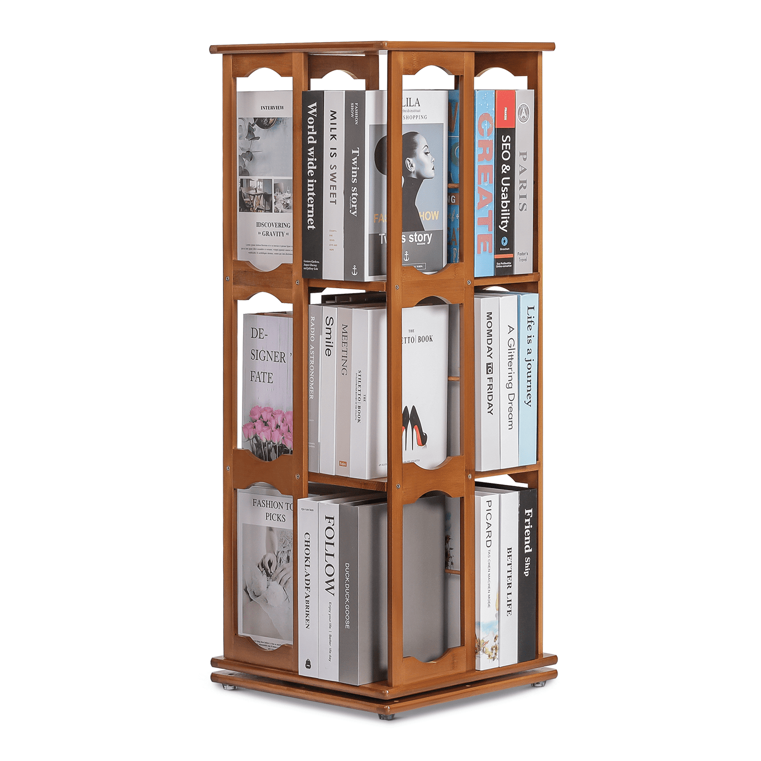 Magshion Bamboo 3 Tiers Bookshelf, Swivel Bookcase, Display Storage