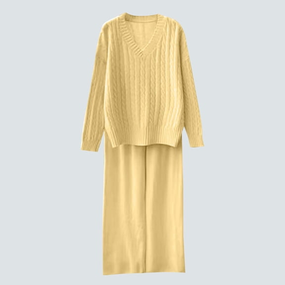 2 Pacs Knitted Stripe Sweater for Womens V Neck Long Sleeve Blouses Ultra Soft Textured Athletic Crochet Sweaters Relaxed Fit Athletic Pants Two Piece Sweaters Clothes