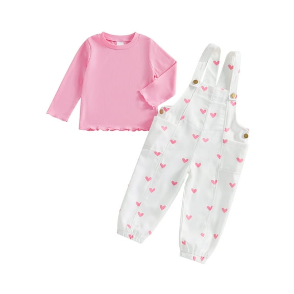 Suealasg Little Girls 2Pcs Fall Clothes 1T 2T 3T 4T 5T Toddler Kids Girls Casual Autumn Outfits Long Sleeve Shirt and Heart/Flower Print Overalls Pants Set