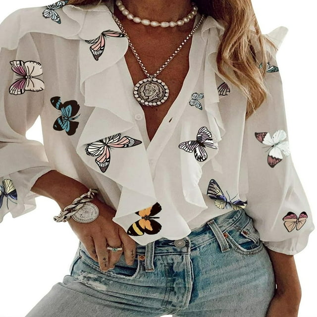 OUSITAID Chemisier à Manches Longues Col en V Boutonné en Chiffon à Volants Imprimé Papillon