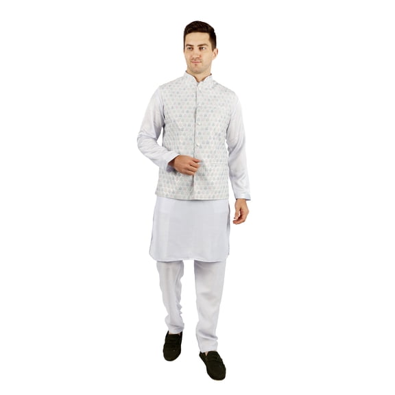 TRILOKI Scallop Solid Kurta Pajama with Waiscoat Premium 3-in-1 Set Ethnic Indian Traditional Wear Ethnic Diwali Puja