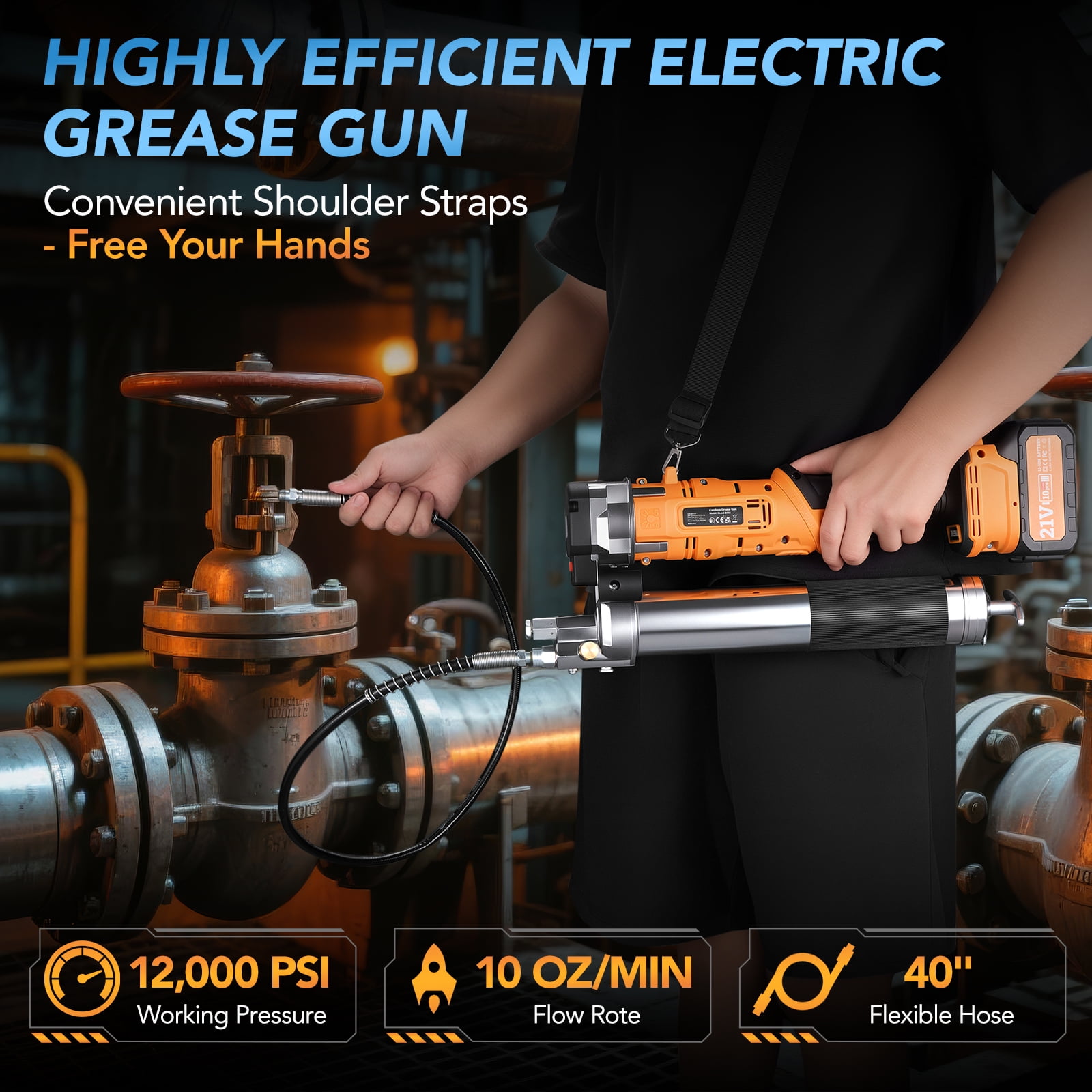SPBTAR Cordless Grease Gun, 12000 PSI 2-in-1 Electric Grease Gun Kit with 2 * 4.0AH Batteries and Charger, 40” Hose & LED Light for Tractors, Trailers, and Machine Maintenance