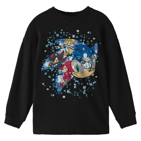 Sonic The Hedgehog Modern Snowy Character Collage Crew Neck Long Sleeve Boys' Black Tee-Small