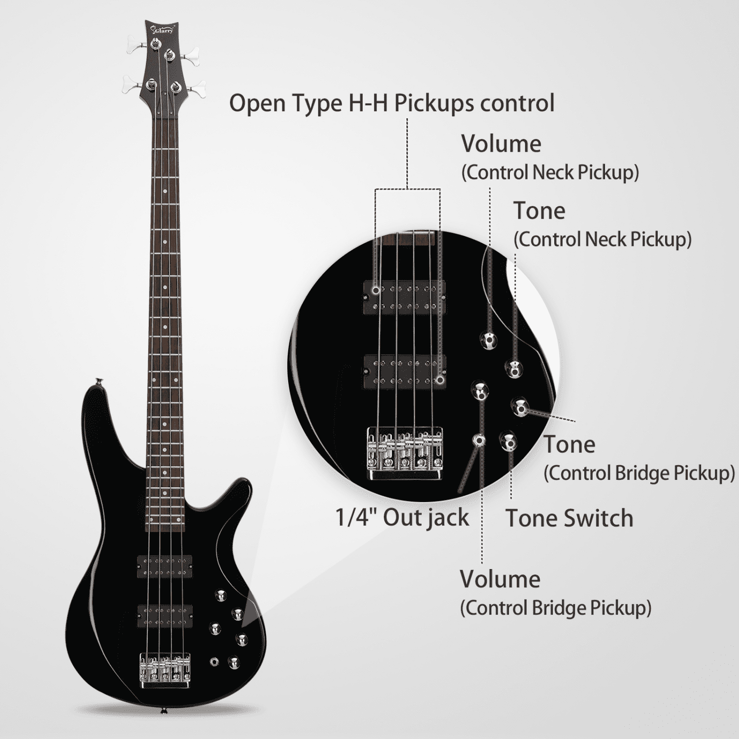 Hassch 4 String Electric Bass Guitar with Bag, 44 Inch Bass with Strap, Plectrum, Amp Wire and Wrench Tool, Black