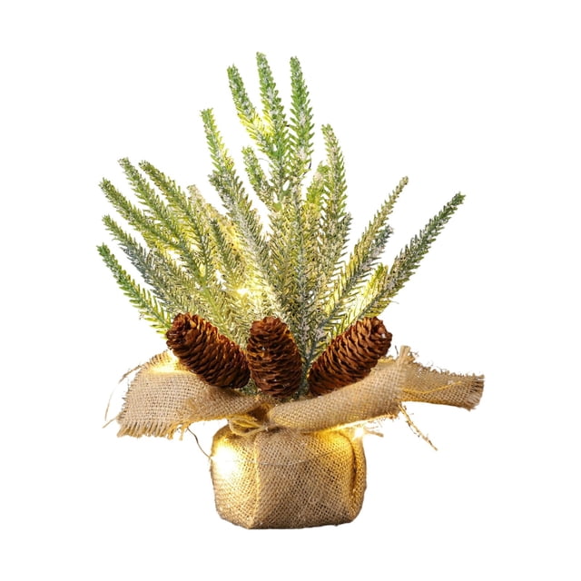 Arbre de Noël de Table 12 Po Mini Arbre de Noël Artificiel Lumineux avec Baies Rouges, Pommes de Pin et Base en Jute