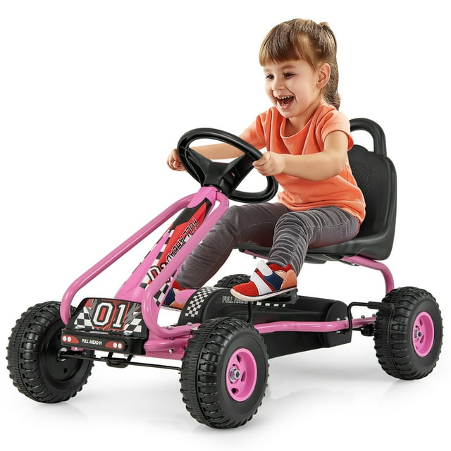 Gymax Kart à Pédales pour Enfants, Jouet à 4 Roues à Chevaucher avec Siège Réglable, Frein à Main, Rouge