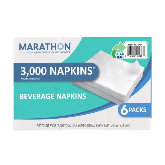 Marathon Embossed 1-Ply White Beverage Napkins, 6 Packs, 3000 Count