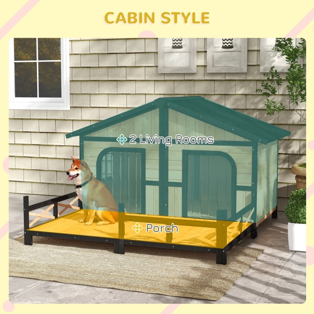 Kadyn Cabin Style Raised Dog Shelter with Roof, Doors, and Window, Wooden Dog House Outdoor with Porch, for Medium Large Sized Dog, Natural